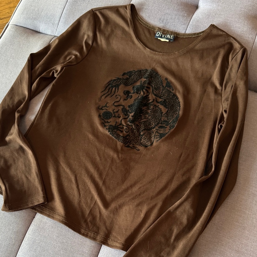 Brown Long-Sleeve Dragon Graphic Top